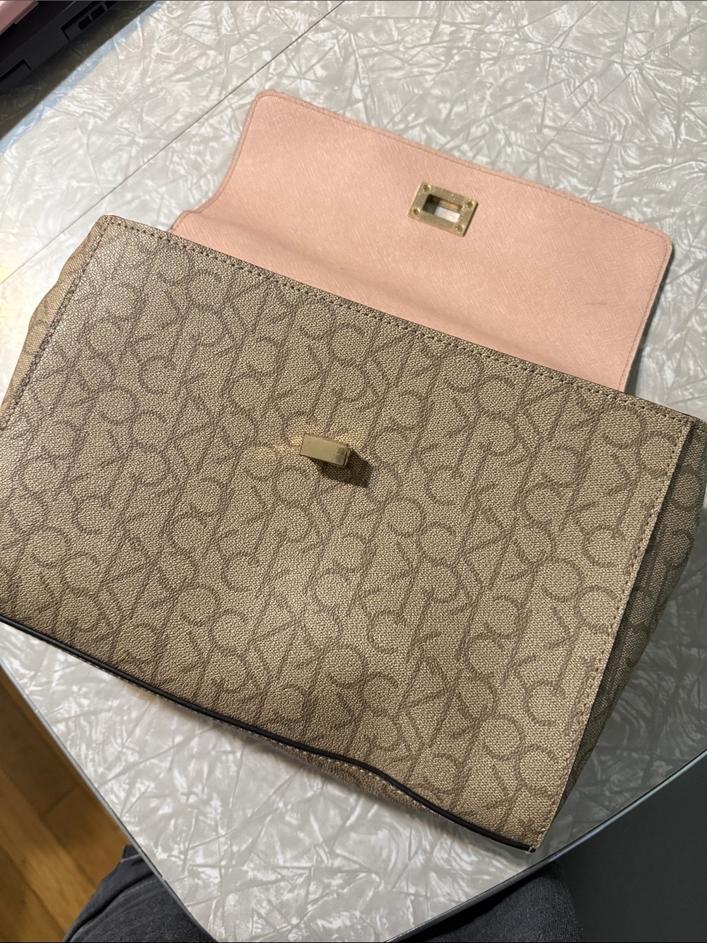 Calvin Klein Beige Monogram Shoulder Bag with Pink Interior